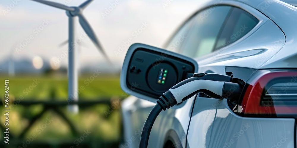 A picture about the electric vehicle that has been charging at the charging station and has been connected with the charger that has been connecting to the electric vehicle to become new tech. AIGX01.