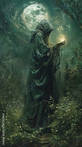 Amidst a mystical forest, an alchemist, clad in rich velvet robes, conducts an enchanting ritual under the ethereal glow of a full moon Painting, Moonlight,