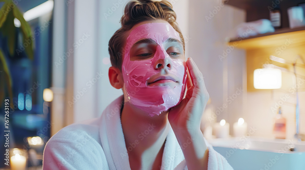 A man is doing home SPA beauty treatments, applying a pink mask to his face. Soft masculinity, daily self-care A man is doing home SPA beauty treatments, applying a pink mask to his face. Soft masculinity, daily self-care