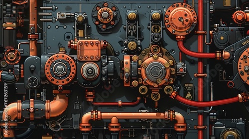An intricate illustration of a hydraulic pump, displaying the gears and pistons pumping fluid under pressure, connected to hoses and control levers