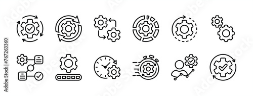 Business process thin line icon set. Containing productivity, workflow, progress, efficiency, operation, timeline, planning, improvement, maintenance, gear settings, management. Vector illustration