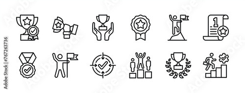 Management business success award thin line icon set. Containing reward, trophy, winner, victory, goal, achievement, badge medal, target, motivation, competition, aim, champion. Vector illustration