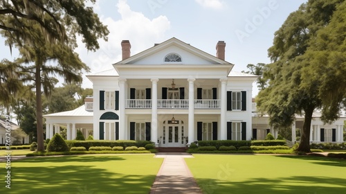 Sprawling Southern plantation mansion with white columns wrap-around porch and lush grounds. © Aeman
