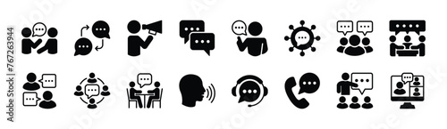 Communication icon set. Containing discussion, speech bubble, talk, chat, meeting, advice, opinion, voice, phone, announce, campaign, network, social media, learning. Vector illustration