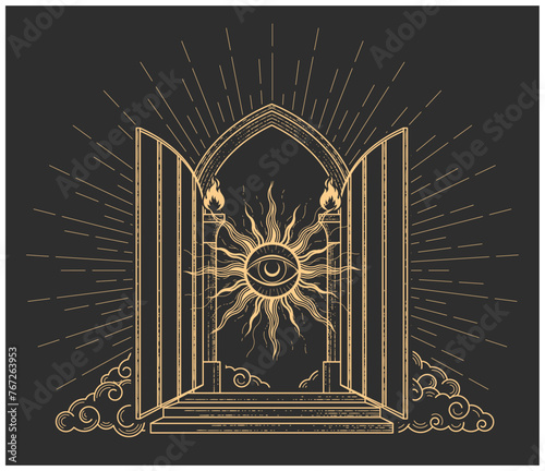 Open gates of heaven with sun and all-seeing eye, portal with grate door in clouds, arch entrance to paradise, vector