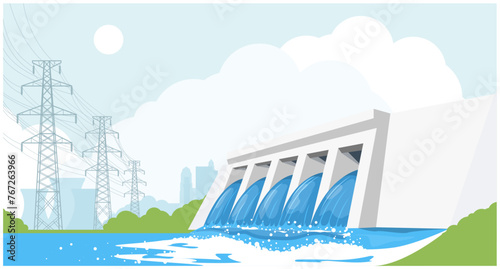 Hydroelectric power plant, river dam, hydropower energy generation reservoir, high-voltage power lines and city, power supply, vector © gomixer