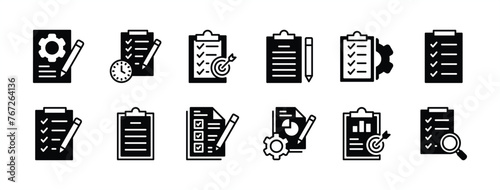 Clipboard icon set. Containing checklist, document, task, schedule, note, plan, target, report, project, business contract, journal, paperwork, agenda, survey, form with checkmark. Vector illustration