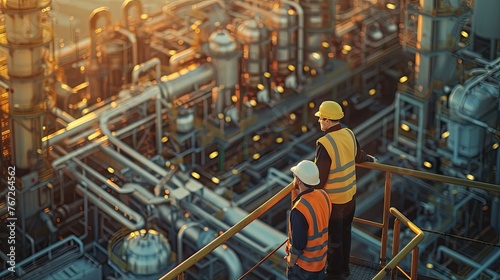 Two engineers in hard hats and safety vests engage in a serious discussion on a platform, overlooking the vast complexity of a chemical plant photo