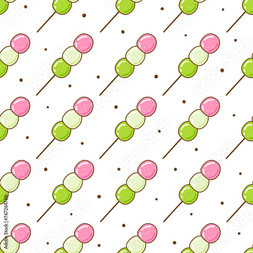 Seamless pattern with hanami dango (three colour dumplings) - cute cartoon illustration of traditional japanese sweets isolated on white background