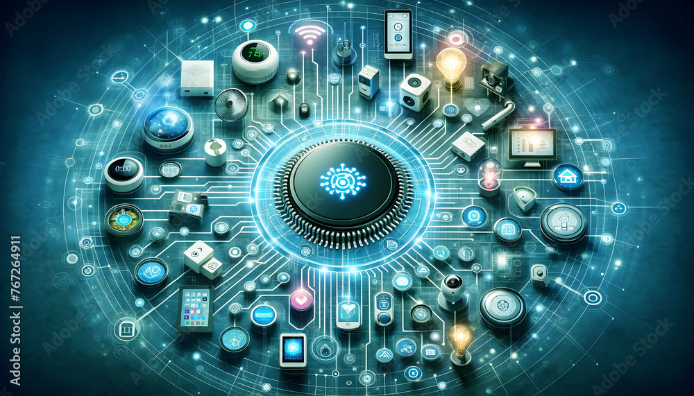 Collection Of Smart Home Devices, Illustrating The Concept Of The Internet Of Things Collection Of Smart Home Devices, Illustrating The Concept Of The Internet Of Things