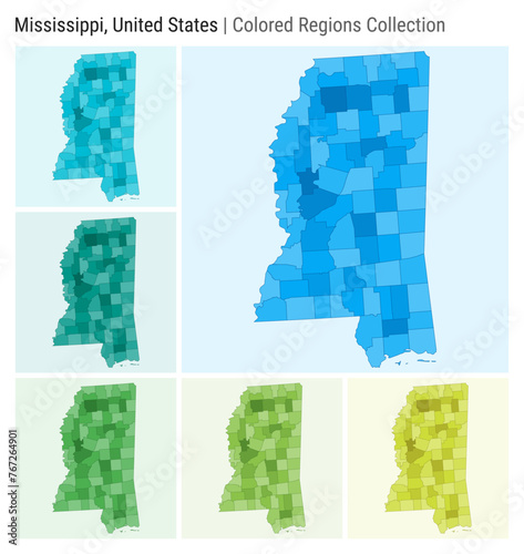 Mississippi, United States. Map collection. State shape. Colored counties. Light Blue, Cyan, Teal, Green, Light Green, Lime color palettes. Border of Mississippi with counties. Vector illustration.