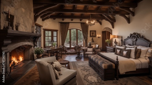 Sumptuous Old World master retreat with vaulted wood beam ceilings carved stone fireplace and private verandah access.