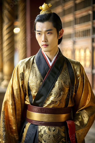 Princess Agents,  He is dressed in a traditional Chinese gold robe with red and black embroider