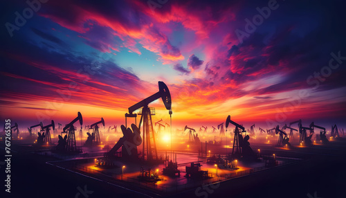 Multiple Oil Derricks And Pumpjacks Against A Vibrant And Colorful Sky