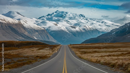Scenic journey road leads toward majestic snowy mountain vista