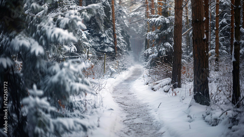 A narrow, snow-covered trail winds through a dense forest, the path detailed and inviting against a blurred background of tall, snow-laden trees. The  © Lucifer