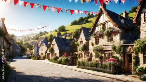 A picturesque village nestled among rolling hills, with quaint cottages decorated with vibrant bunting and children playing joyfully in the streets