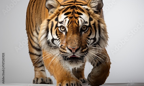 Large Tiger Walking Across White Floor