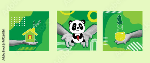Collage art with halphtone hands holding eco house, panda and bulb with plant. Sustainable lifestyle and climate change concept