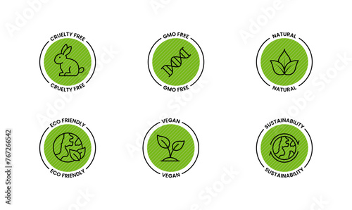 Set of Vector icons for Natural, Eco-Friendly & Sustainable Icons: Vegan, Cruelty-Free, GMO-Free. 