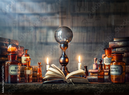 Alchemy,  Halloween, magic, witchcraft, fortune telling, mysticism background. Magic crystal ball, ritual books and bottles of potion and poison. Occultism, astrology, alchemy, magic, witch banner.