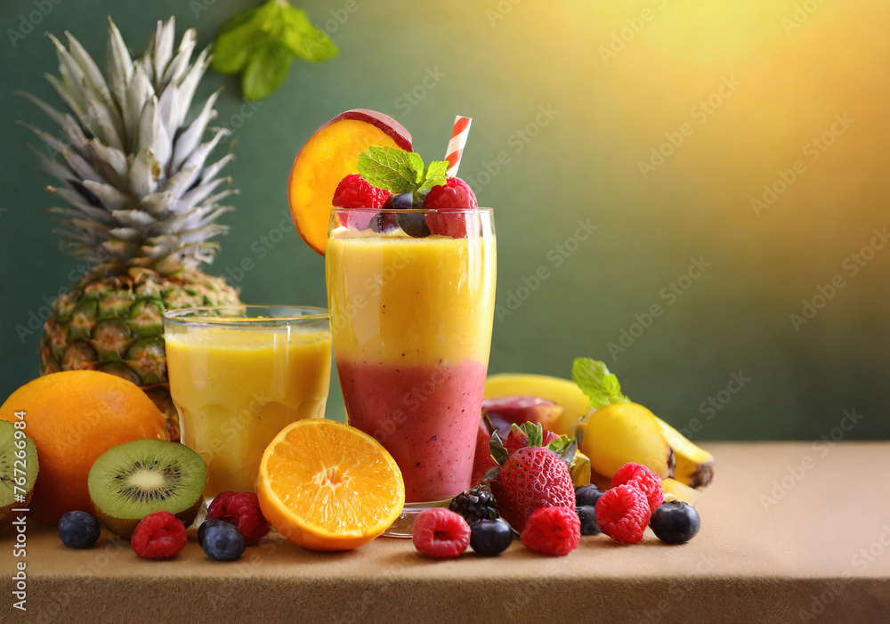 A glass of orange juice with a straw and a glass of pineapple juice A glass of orange juice with a straw and a glass of pineapple juice