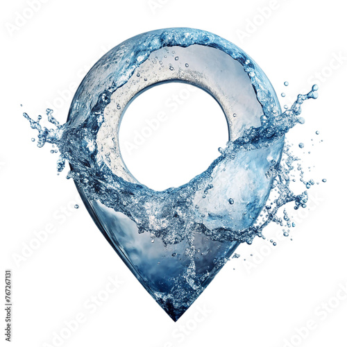Location symbol from clean blue water splashes on transparent background