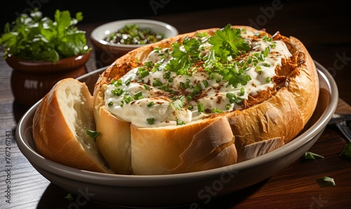 Clam Chowder in a Bread Bowl on Wooden Table