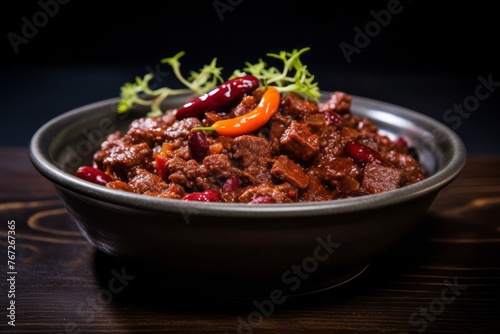 Refined chili con carne on a rustic plate against a white background