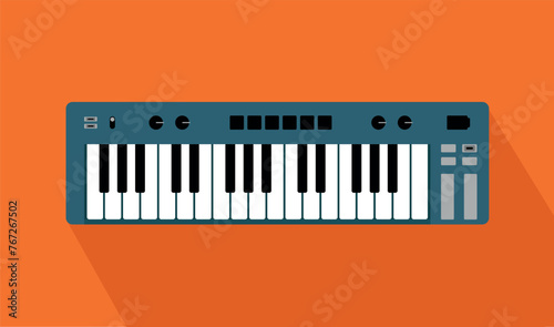 Musical synthesizer. Blue synthesizer with shadow on an orange background. Vector illustration.