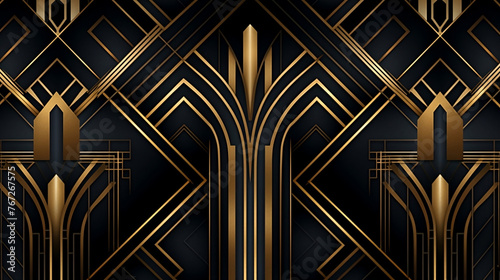 A print of geometric shapes in black and gold. The design features symmetrical patterns with white lines on the dark surface.