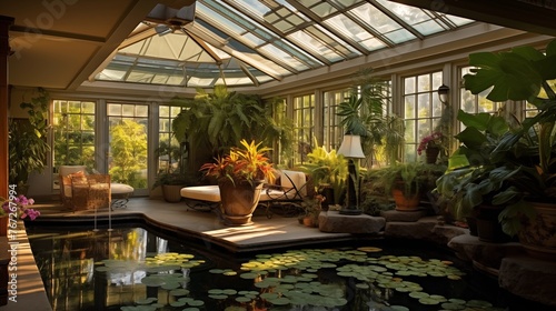 Private home tropical conservatory with lush greenery and koi pond.