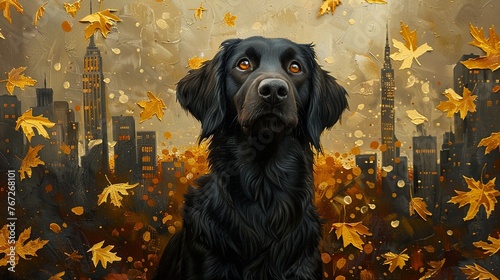 Urban autumn bliss, a spirited flat-coated retriever against a backdrop of golden leaves and cityscapes