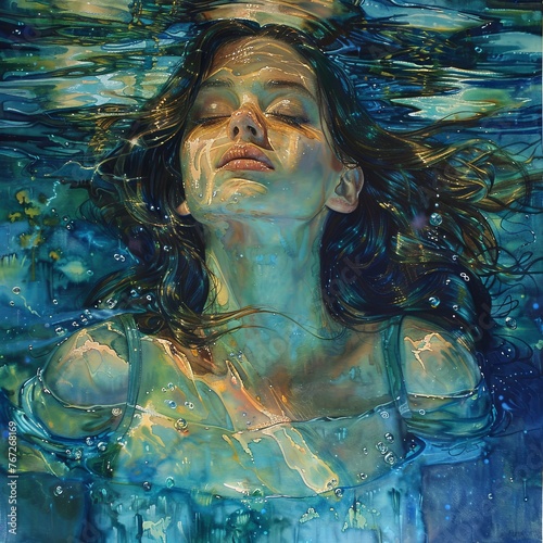 Ethereal waters, a girl in harmony with the aquatic realm, reflections blend with her tranquil figure photo