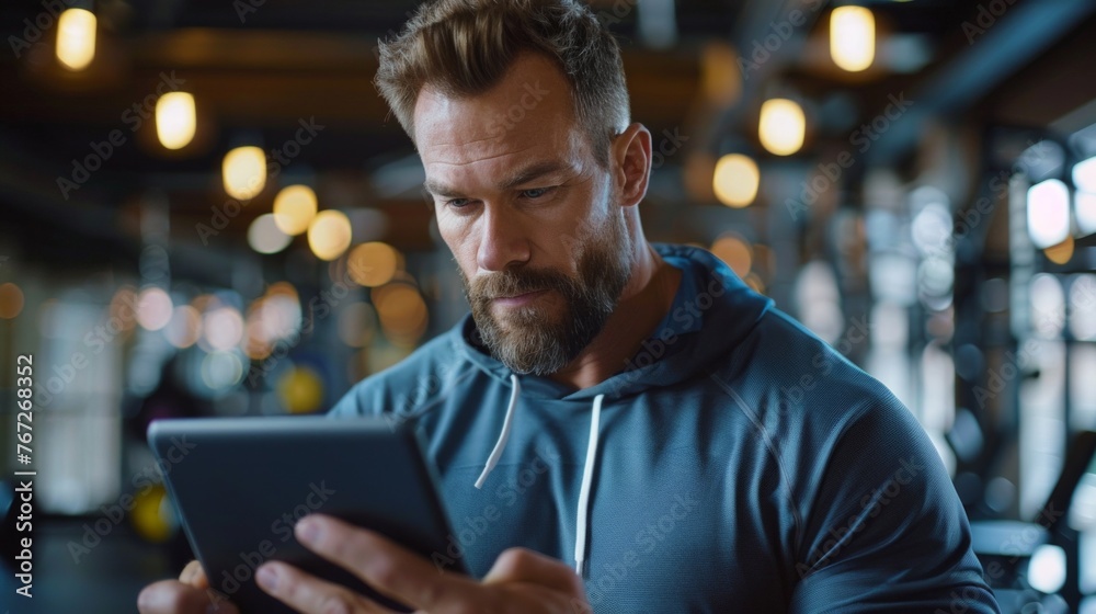 Obraz premium sport, fitness, lifestyle, technology and people concept - close up of trainer hands with tablet pc computer working out in gym