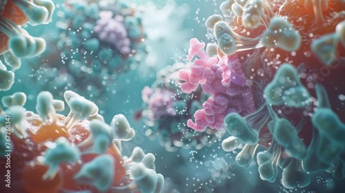 A highly detailed visualization of an immune response, showcasing the dynamic encounter between immune cells and invading pathogens at a microscopic level.