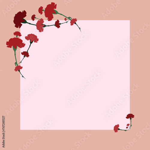Square frame decorated with carnation flowers vector illustration. Scarf pattern, greeting card, elegant floral background, template for fashion prints. Copy space for text.