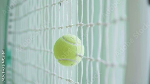 A hyperrealistic close-up of a tennis ball making contact with the strings of a racket, the yellow ball