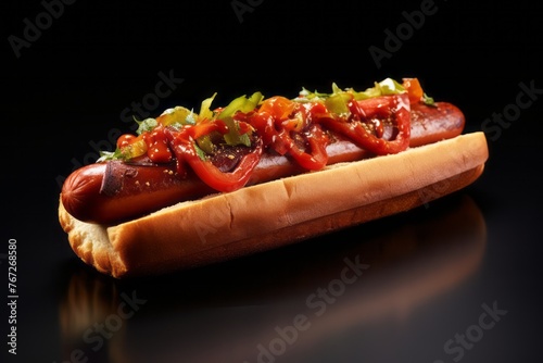 Juicy hot dog on a slate plate against a white background