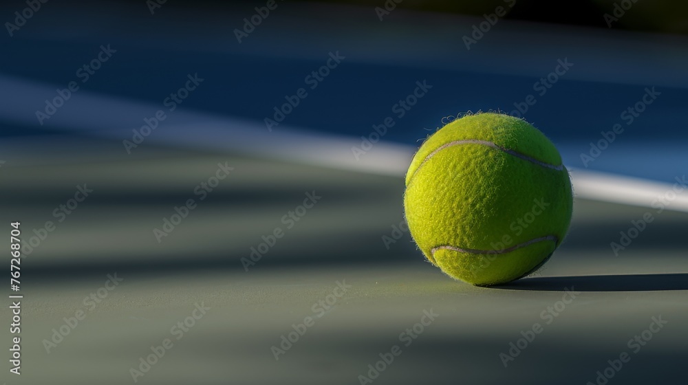A tennis ball resting on the court, with a blue background and white lines, in a closeup shot.