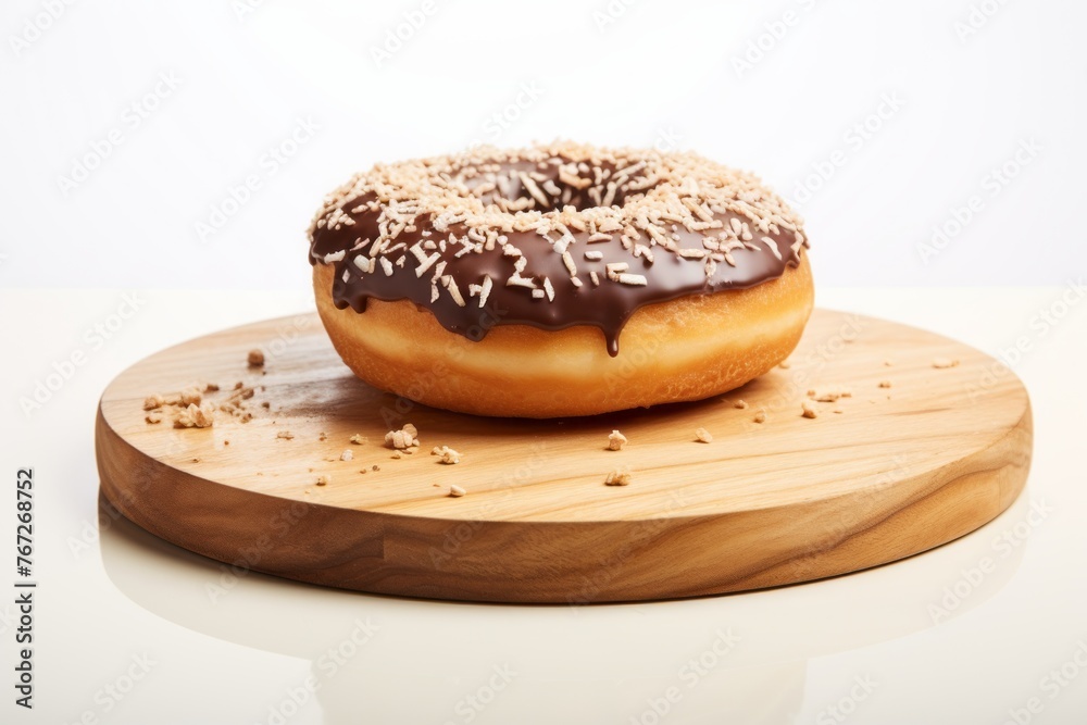 Tempting doughnut on a wooden board against a white background
