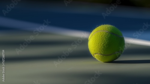 A tennis ball resting on the court, with a blue background and white lines, in a closeup shot. © jovannig