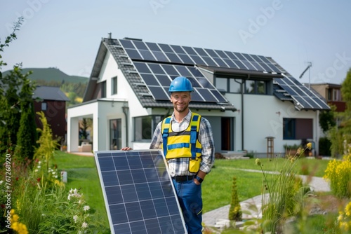 Smiling worker with a solar panel against a house with solar batteries.  © SFotoz