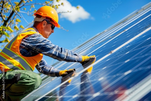 Wallpaper Mural A worker in a protective helmet is installing solar panels.
 Torontodigital.ca