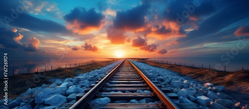 A train track cutting through a symmetrical landscape with an electric blue sky and sunset in the horizon. The clouds add a touch of leisure to the scenic view