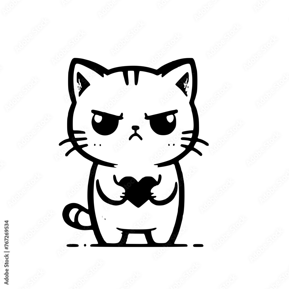 A whimsical black and white doodle depicts a grumpy cat clutching a heart, blending playful charm with a hint of attitude. A whimsical black and white doodle depicts a grumpy cat clutching a heart, blending playful charm with a hint of attitude.