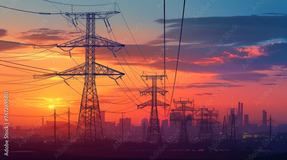 silhouette of high voltage electric tower on sunset time background