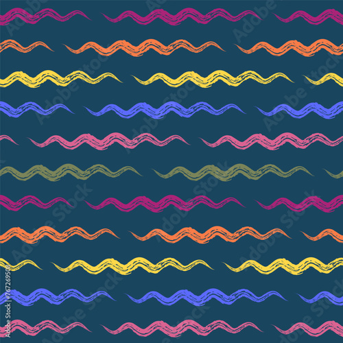 Hand-drawn seamless geometric pattern with colorful grunge texture. Multi-colored wavy stripes on dark blue background. Vector background for printing on fabric, gift wrapping, covers, wallpapers.
