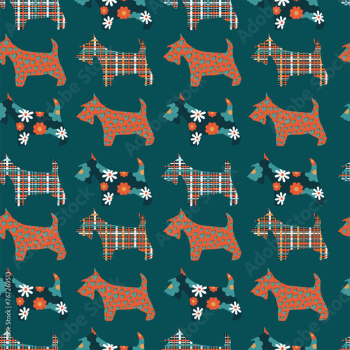 Seamless pattern with terriers on blue background. 