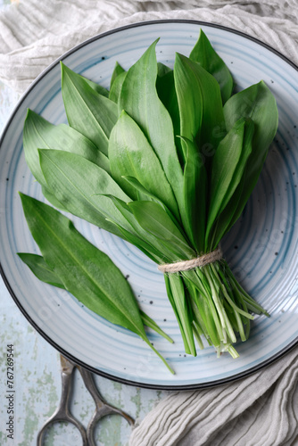 Top view on bunch of fresh bear's wild garlic leaves on plate close up. Food photography